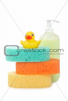 Rubber duck, soap and sponges
