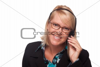 Beautiful Blonde Customer Support Woman with Headset Isolated on a White Background.