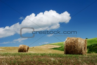 Hay bales over the hillside