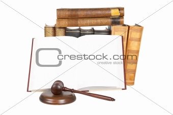 Wooden gavel and law books