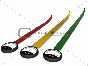 three dimensional view of rendered fuel meters with colorful str