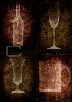 Grunge illustration with bottle and glasses