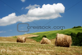 Hay bales over the hillside