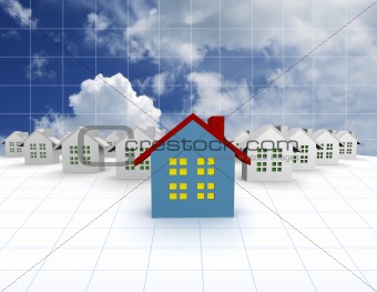 blue outstanding 3d houses with sky and cloud background