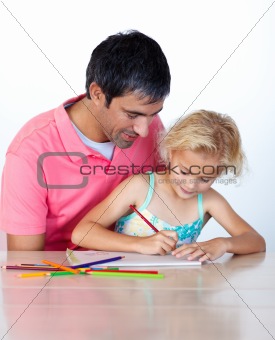 Dad and daughter doing homework together