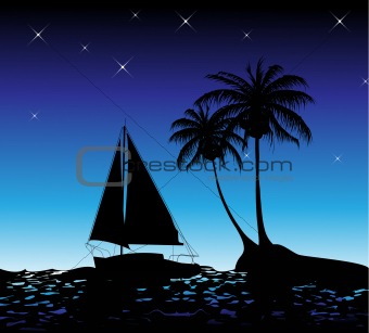 Summer background with palm trees and a yacht