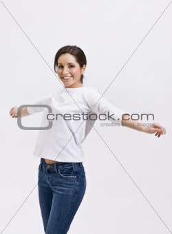 Cute Brunette Standing with Outstretched Arms