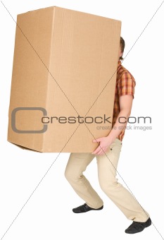 Young man bears the big box on a back