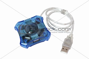 Four port blue USB hub, isolated on white background