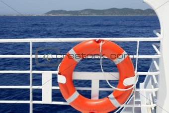 Cruise white boat handrail detail in blue sea