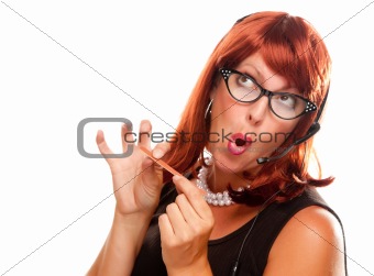 Red Haired Retro Receptionist Filing Her Nails Isolated on a White Background.
