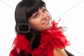 Pretty Girl Smiling with Red Feather Boa Isolated on a White Background.