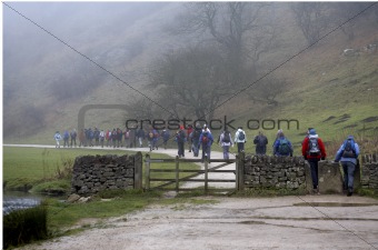 Walkers setting off on a foggy morning
