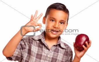 Adorable Hispanic Boy with Apple and Okay Hand Sign Isolated on a White Background.