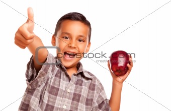 Adorable Hispanic Boy with Apple and Thumbs Up Hand Sign Isolated on a White Background.