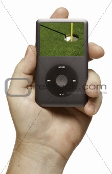 Man's Hand Holding Electronic Gadget with Golf Green on Screen and Flag Isolated on a White Background.