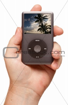 Man's Hand Holding Electronic Gadget with Tropical Scene on Screen Isolated on a White Background.