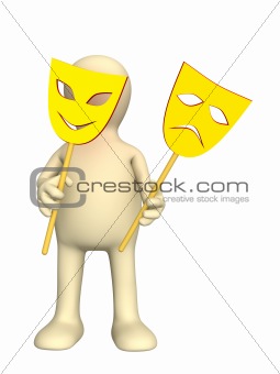 3d puppet with two masks in hands