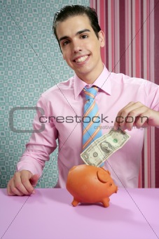 Businessman with piggy bank dollar note