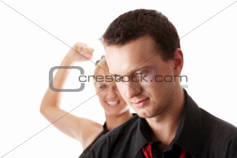 Man and woman conflict. Isolated on white.
