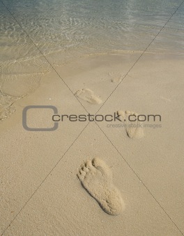 Tourist foot print on beach during vacation at exotic tropical resort of Kapalai island