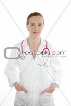 Doctor isolated on white, beautiful nurse woman