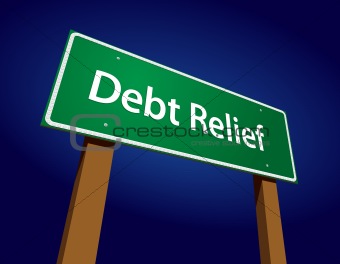 Debt Relief Green Road Sign Vector Illustration on a Radiant Blue Background.