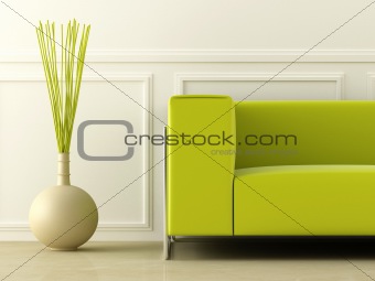 Green couch in white room