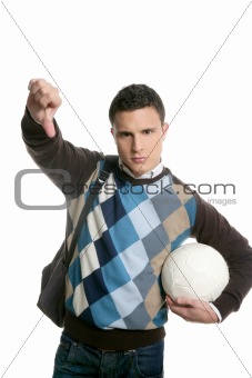 Happy young boy student with football ball
