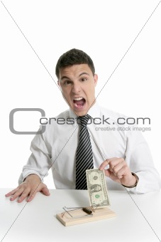 Businessman and dollar in a mouse trap