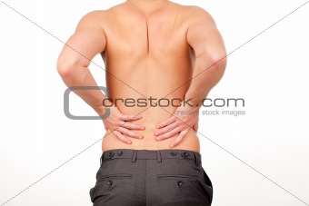 Man with backpain isolated agasint white