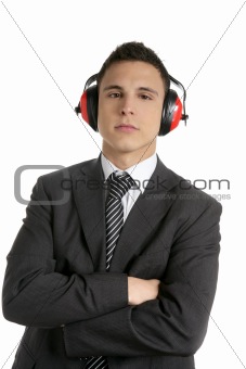 Young businessman protecting from noise