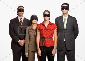 Business people in blindfolds