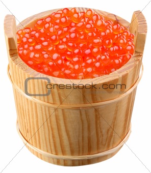 Red caviar is in a wooden bucket