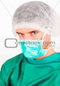 Portrait of a surgeon with mask and hat on