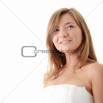 Portrait of beautiful girl model in white dress