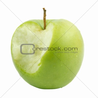 Green apple bit. Isolated over white .