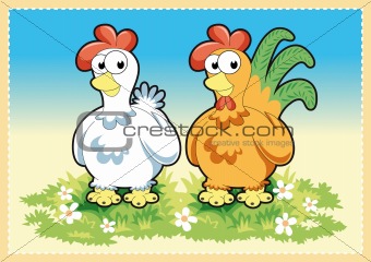 Funny Rooster and Hen