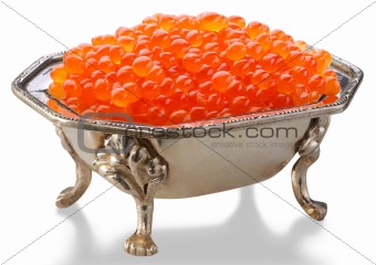 Red caviar is in a silver bowl