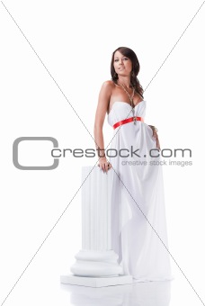 Beautiful young female wearing white dress in antique style isolated on white