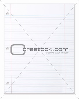 Blank Piece of School Lined Paper on White