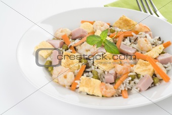 Plate of shrimp fried rice peas ham omelette