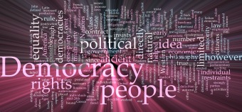 Democracy word cloud glowing