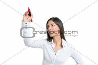 Brunette businesswoman writing on a copyspace