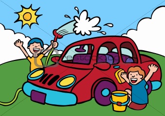 Kids washing car.