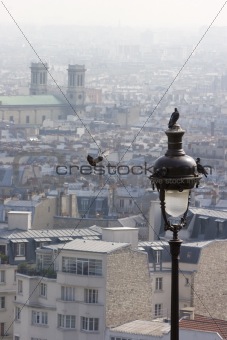 four doves at a lantern and the rooftops of paris
