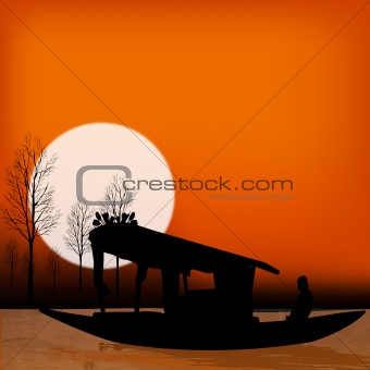 silhouette view of shikara,boat, kashmir, sunrise