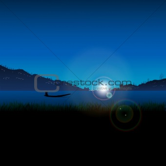 silhouette - lake view of boat with mountains
