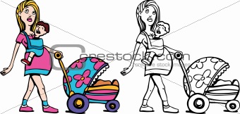 Mom with Baby and Stroller