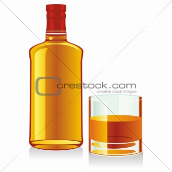 fully editable vector illustration of isolated whiskey bottles and glasses